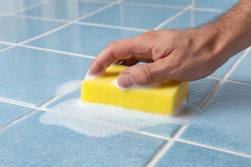 A close-up shot of a hand cleaning light blue tiled surface with a yellow sponge and soapy water, demonstrating household hygiene and cleanliness, in bright daylight.