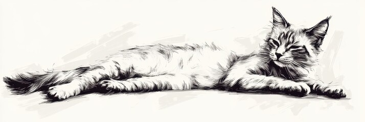 Obraz premium Elegant Feline: Hand Drawn Cat in Relaxed Pose with Graceful Legs and Tail, Capturing the Charm of a Watching Pet