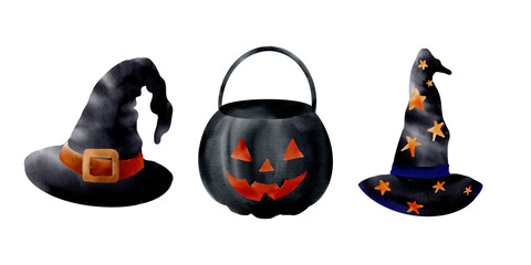 Enchanting watercolor Halloween set featuring witch hats, a bubbling cauldron, a skull, pumpkins, bats, and spider webs. Perfect for seasonal decorations, invitations, and prints.