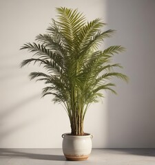Obraz premium Lush golden cane palm in elegant ceramic pot, sunlight dappled leaves , bright, garden, closeup