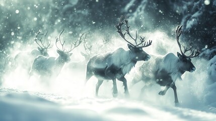 Obraz premium Winter scene of caribou in a snowy landscape.