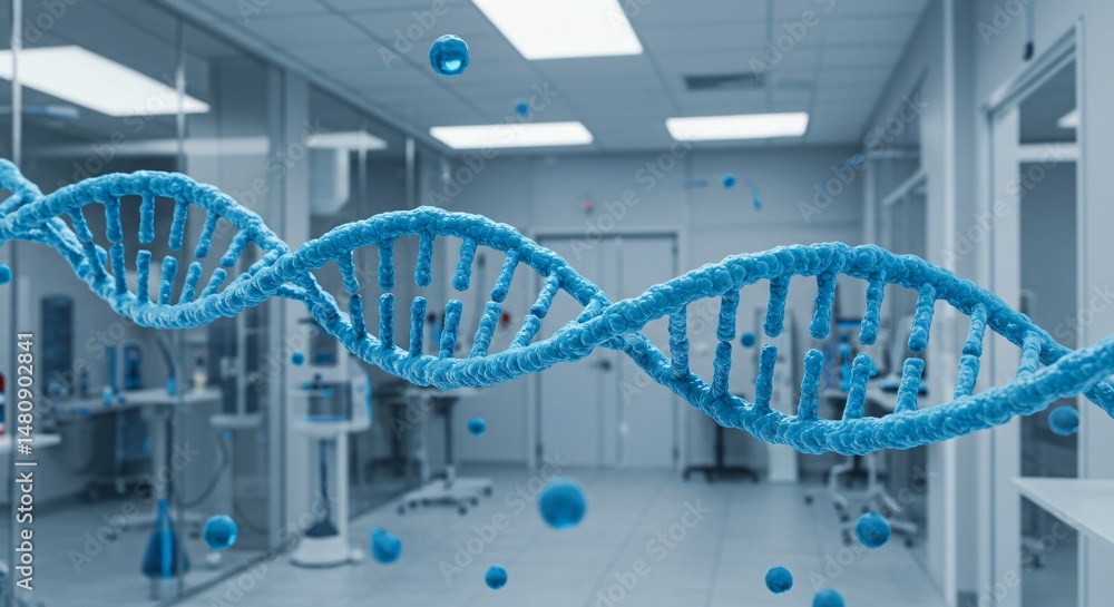 Poster visual representation of a dna strand rotating with blue molecules floating around it inside a labor