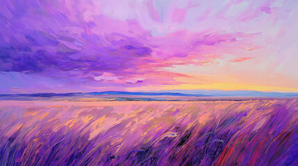 Impressionist surreal oil painting of grasslands under a violet sky