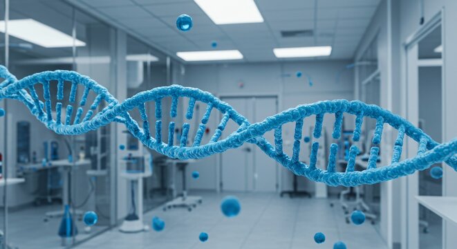 Visual representation of a dna strand rotating with blue molecules floating around it inside a laboratory setting, representing genetic research and science in healthcare concept