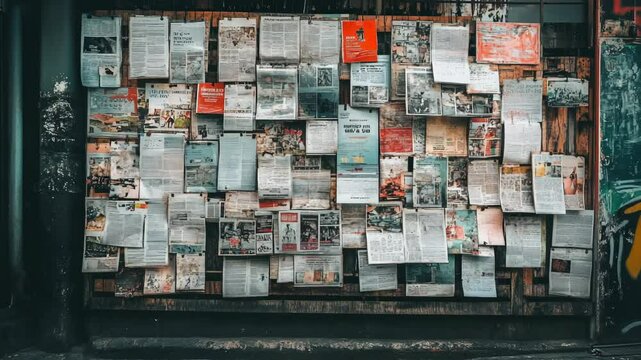 A weathered bulletin board covered in flyers, posters, and vintage newspapers.