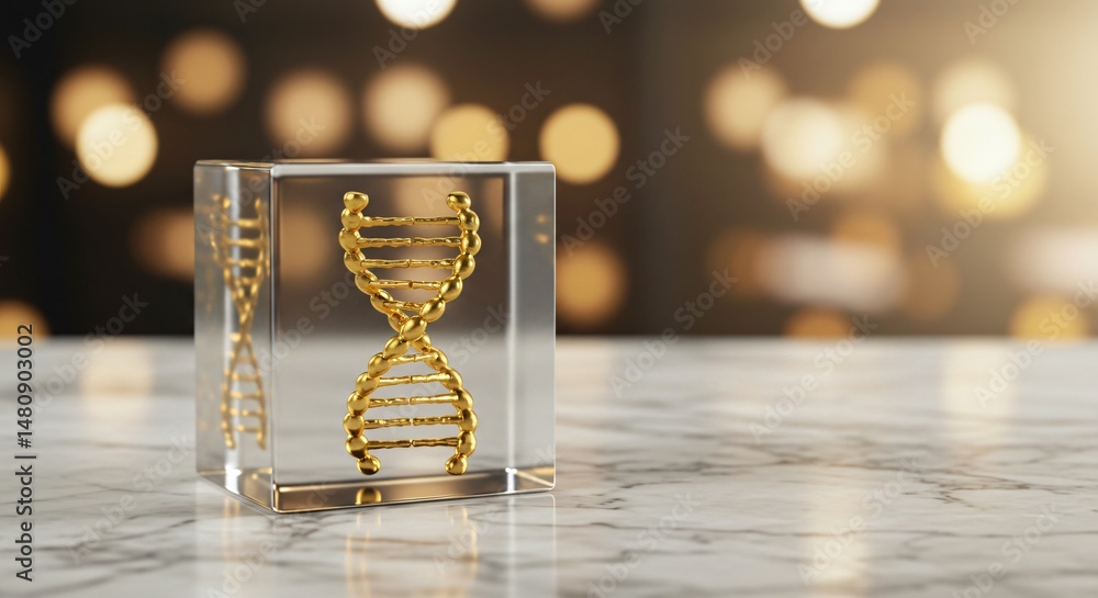 Poster golden dna helix enclosed in a clear glass cube on marble surface. genetic code and biotechnology co