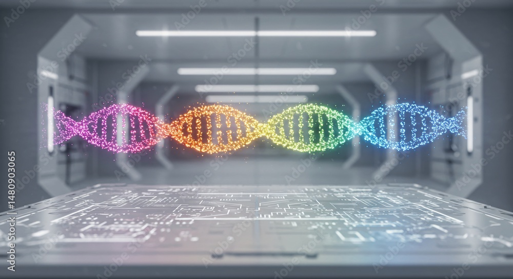 Poster rainbow colored double helix dna strand structure on table surface with circuit board lines. chromos