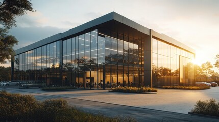 Obraz premium Transparent solar windows on a sleek office tower, surrounded by urban planning, photorealistic architecture, soft daylight, wide-angle view.