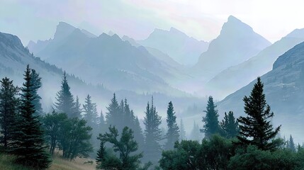 Misty Morning Landscape - Rural Vista with Farmhouse and Rolling Hills under Soft Fog, Serene Countryside Scene.