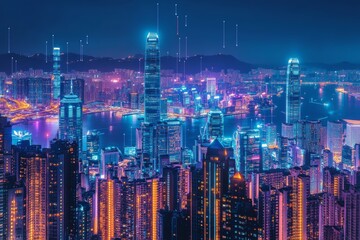 Fototapeta premium The cityscape of the future is characterized by neon lights and sleek skyscrapers, embodying a vibrant, technologically advanced urban atmosphere