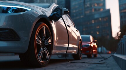 A stunning image of electric car charging at station with plugged power cable infrastructure for ev vehicle in city.