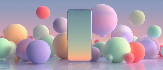Modern smartphone mockup with pastel colored spheres, showcasing app design and mobile technology in a vibrant, playful 3D render