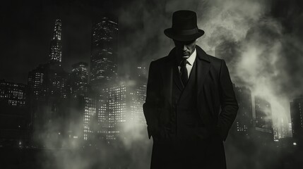 A noir style image of a man wearing a top hat, trench coat, standing in front of a dark, smoky cityscape at night. lighting is dramatic, with high contrast between light and shadow.