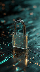 Glass padlock on dark circuit board background, symbolizing digital security and data protection