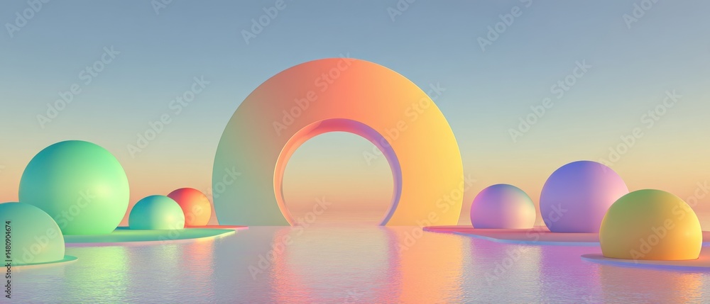 Aufkleber pastel abstract 3d render with spheres and arch on reflective surface in dreamy gradient background 