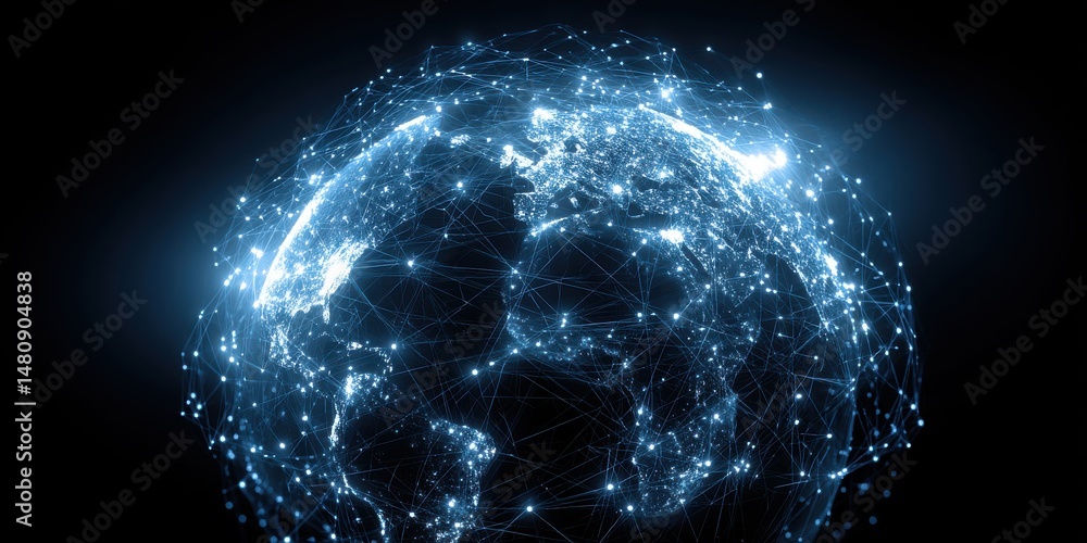 Poster a stunning image of digital networked globe, global communications. world connectivity, data exchang