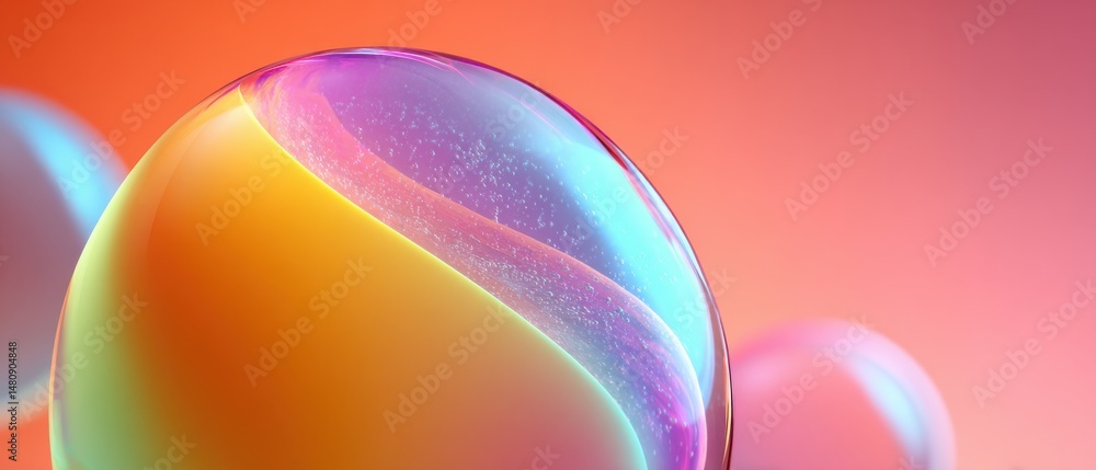 Poster abstract iridescent spheres with vibrant gradient colors on a smooth orange background creating a mo