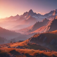 Misty mountain range at sunrise, vibrant colors, panorama, dawn