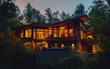 Eco-smart house at night with automated lighting, in the context of modern lifestyle, warm ambient tones, soft grays and yellows, real estate night photo