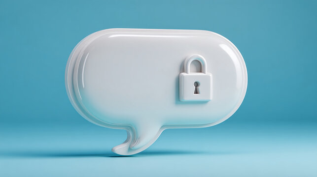 White speech bubble with a padlock, set against a light-blue background, symbolizes secure communication, privacy, data protection, or confidential messaging