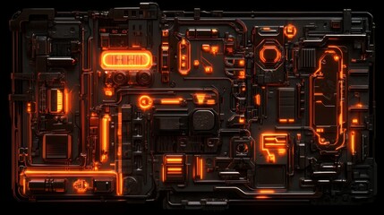 Obraz premium The image depicts a futuristic machine in detail, situated within a 3D illustration of a futuristic wall that features an array of details under the glow of orange neon lights, characteristic of a