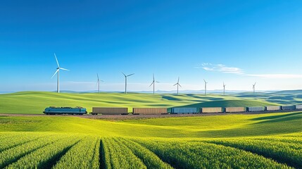 Solar-powered cargo train crossing green landscape, in the context of power generation freight transport, clear sky, wind turbines, greens and silvers, landscape view
