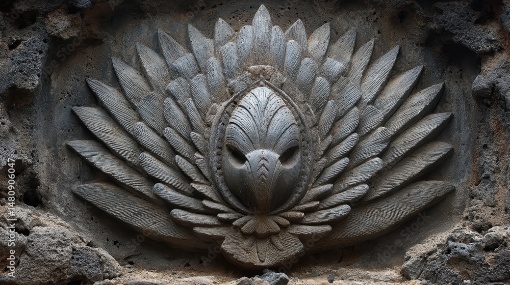 Poster carved wooden symbol of hawaiian deity set against textured basalt surface with minimal illumination