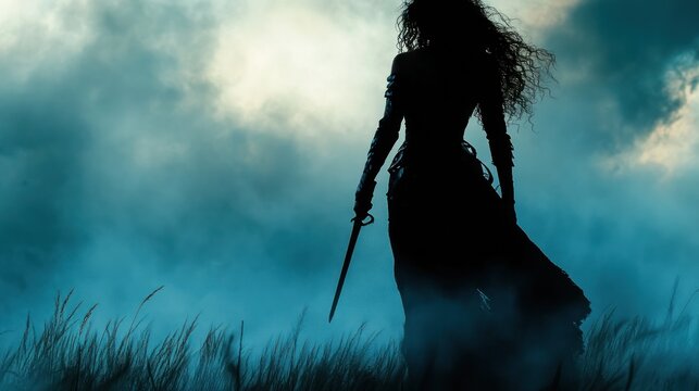 Silhouette of female warrior with sword in misty field at dusk