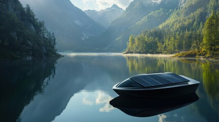 Electric boat powered by solar energy on mountain lake, in the context of serene lake, early misty morning, blues and greens, calm wide view