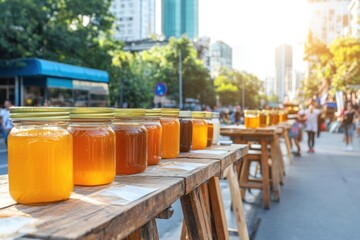 Colorful jars of honey displayed at a vibrant street market in the late afternoon sunlight