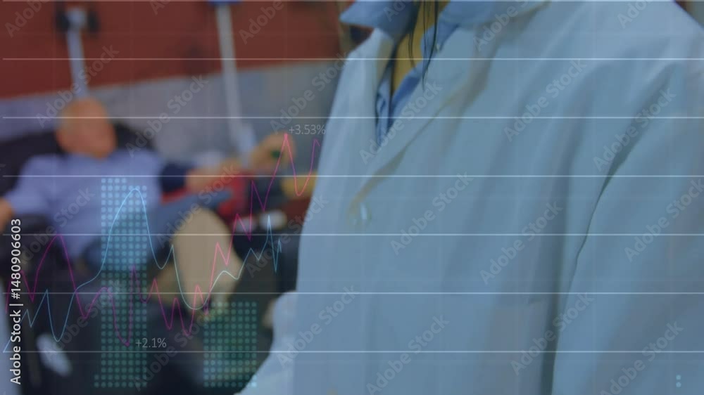 Poster female lab technician examining sample in laboratory, integrating animated finance line charts