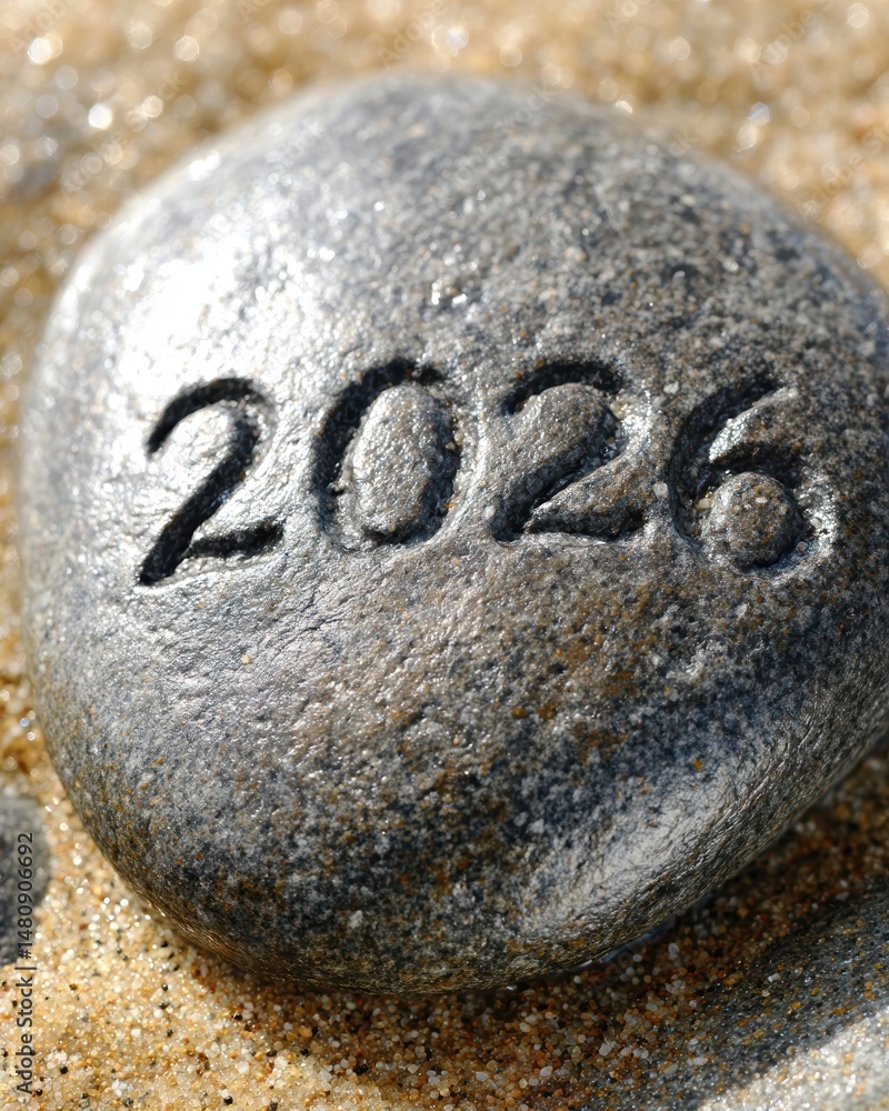 Poster engraved symbol 2026 on smooth stone surrounded by natural elements in soft shadows