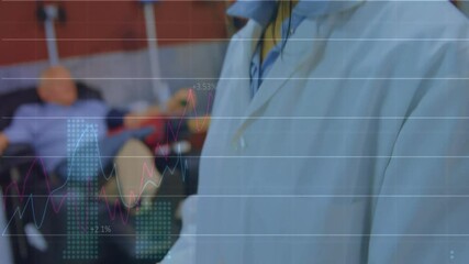 female lab technician examining sample in laboratory, integrating animated finance line charts - Powered by Adobe