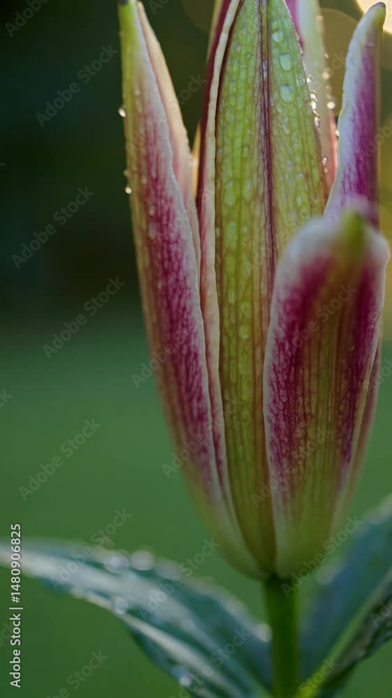 Poster close-up of a dewy flower bud with soft bokeh in the background, captured from a low angle, creating