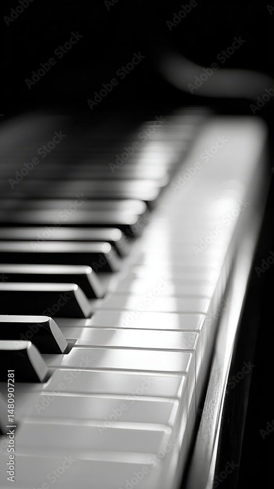 Poster close up of piano keys illuminated by soft sunlight creating a minimalist black and white effect