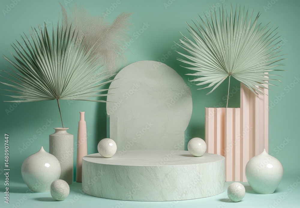 Poster a serene and minimalistic interior setting featuring a circular arch with soft green walls. adorned 