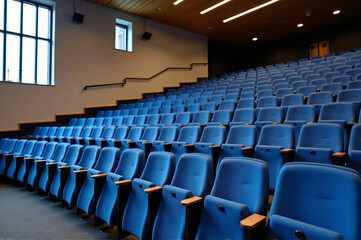 Naklejka premium Large auditorium with rows of blue seats.