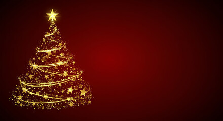Christmas Tree Star Golden Sparkles Lights Holiday Red Background