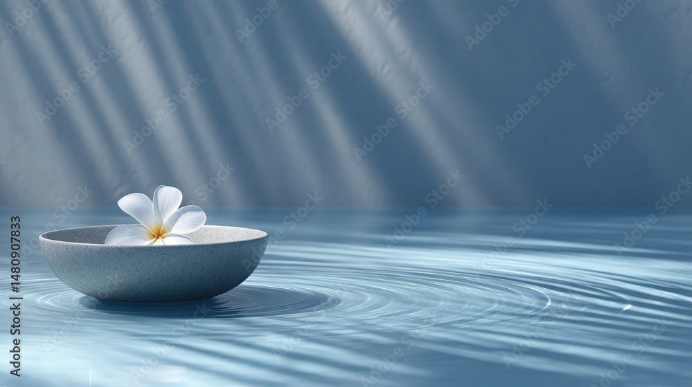 Aufkleber close-up of a white orchid floating on calm water in a shallow bowl with palm shadows
