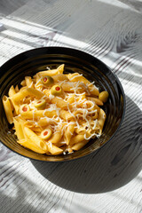 Pasta With Olives, Herbs And Cheese. Healthy Food. Italian Cuisine close up