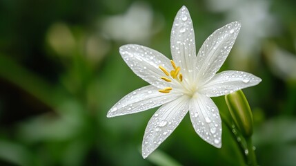 Fototapeta premium Beautiful White Flower Dew Drops Macro Photography Nature Spring Blossom Floral Image Fresh Elegant Botanical Garden White Lily Water Droplets Pure soft plant 