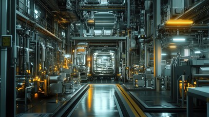 Obraz premium Industrial Boiler Room Interior - Steel Piping, Heat Exchangers, and Large Furnaces in a Power Generation Facility.