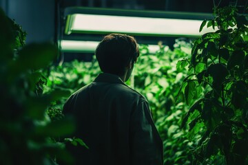 Vertical hydroponic farm with LED lighting, in the context of sustainable indoor agriculture, documentary-style, deep greens and muted tones, mid-range photo