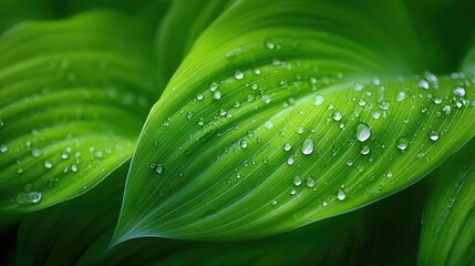 Obraz premium Close up View of Dew Drops on Vibrant Green Ti Leaf Displaying Intricate Veins and Lush Texture