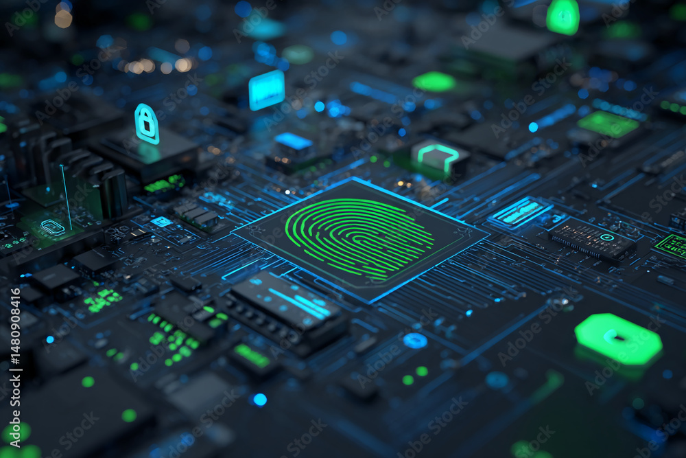 Poster close-up of circuit board with glowing green fingerprint, symbolizing digital security and biometric