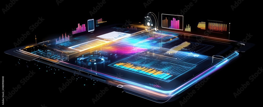 Poster a futuristic workspace featuring a sleek laptop and smartphones displaying vibrant data analytics an