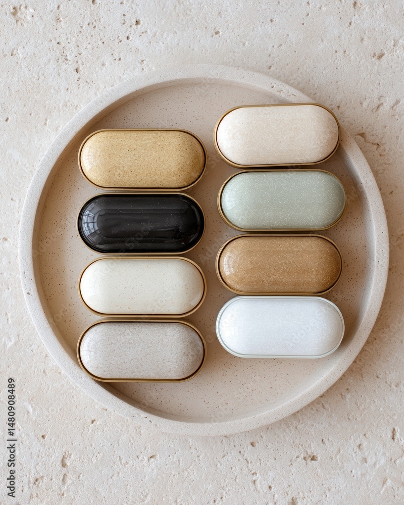 Aufkleber Minimalist Flat Lay of Assorted Erasers Displayed on a Round Plate in Natural Setting