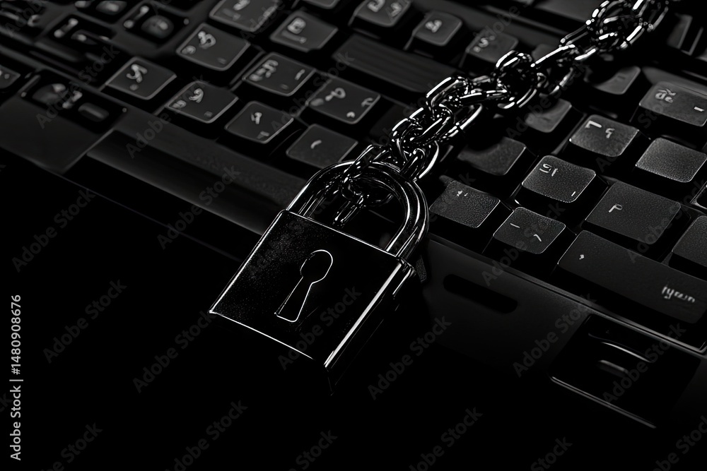 Poster a close-up view of a rusty chain link resting on an old. weathered keyboard. symbolizing the passage