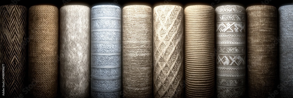 Poster textile display showcasing ethnic patterns of various textures and colors in a creative arrangement