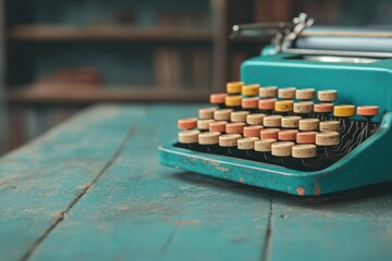 Vintage typewriter with colorful keys resting on a wooden table in a cozy library setting during the afternoon